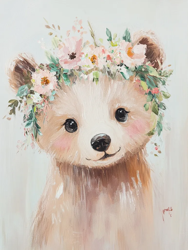 The image is a painting of a brown bear cub with a crown of pink and white flowers on its head. The bear has a sweet, innocent expression and is looking directly at the viewer. The painting is done in a soft and whimsical style, with brushstrokes that give the image a textured feel. The background is a light blue-green, which makes the bear's fur appear even softer. The painting evokes a sense of childhood innocence and wonder.