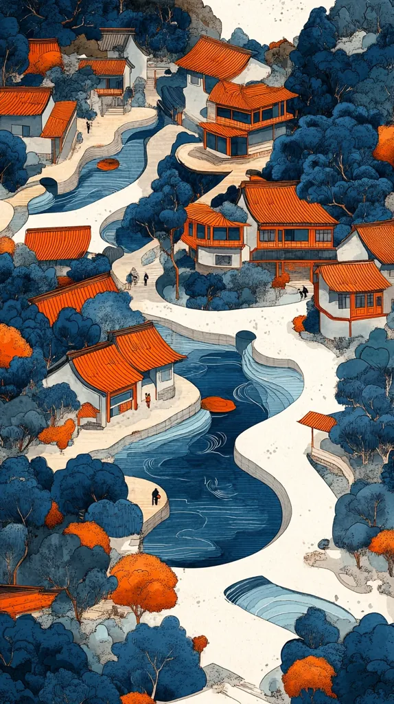 The image depicts a serene Asian landscape with a winding river flowing through a cluster of traditional houses nestled amongst lush green and blue trees. The houses have red tiled roofs and are adorned with intricate details, while the river reflects the surrounding colors, creating a tranquil and picturesque scene. The overall tone of the image is one of peace and serenity, inviting the viewer to imagine themselves strolling through this idyllic setting.