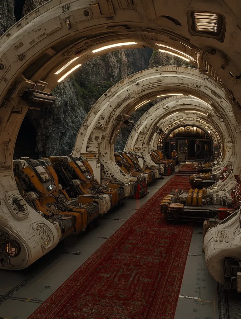 The image depicts a futuristic, circular hallway with a red carpet running down the center. The hallway is lined with rows of seats, resembling pods, on either side. Through the archways, a rocky mountain landscape can be seen, suggesting an extraterrestrial environment. The scene evokes a sense of grandiosity and futuristic travel.