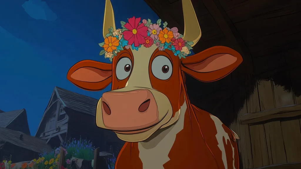 A cartoon cow with a flower crown smiles cheerfully. The cow has brown and white fur, and large, expressive eyes. It is standing in front of a wooden barn, with a blurry background of a village and blue sky. The image is rendered in a cartoon style.