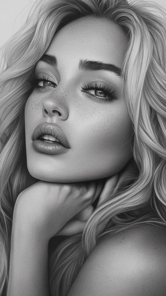 A black and white portrait of a woman with long, flowing hair. Her eyes are closed and her lips are slightly parted. She is looking down and has her hand resting on her chin. The image is drawn with great detail and realism. The artist has captured the woman's soft features and delicate beauty. The lighting is soft and even, creating a sense of intimacy and tranquility.