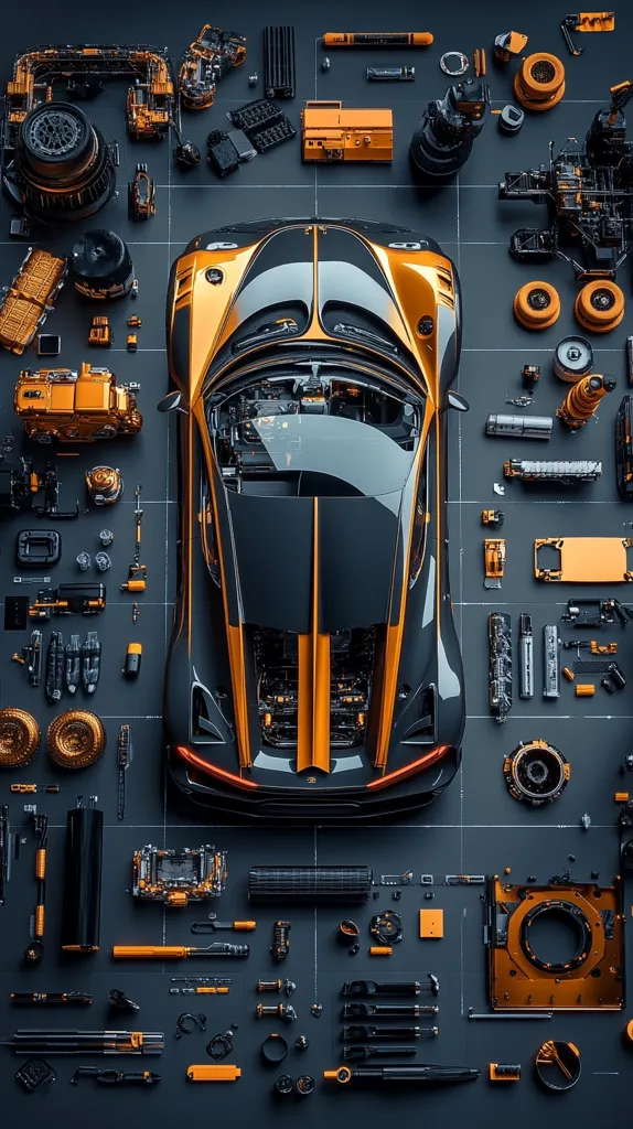 The image shows a black and gold sports car in the center, surrounded by its individual parts, laid out in rows on a dark grey surface. The car's components include the engine, wheels, suspension, interior pieces, and various smaller parts.  The image is a visual representation of the complex assembly of a high-performance vehicle.