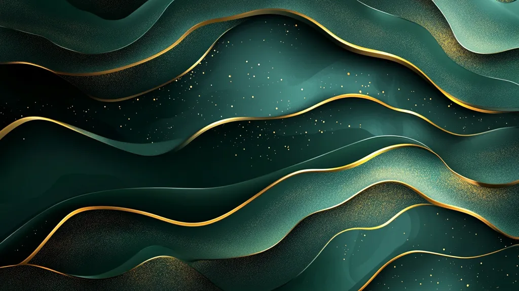 The image is a minimalist abstract design. It features a deep green background with a subtle sparkle texture. The background is layered with undulating lines of gold, giving the impression of flowing waves. The overall effect is one of luxury and elegance.