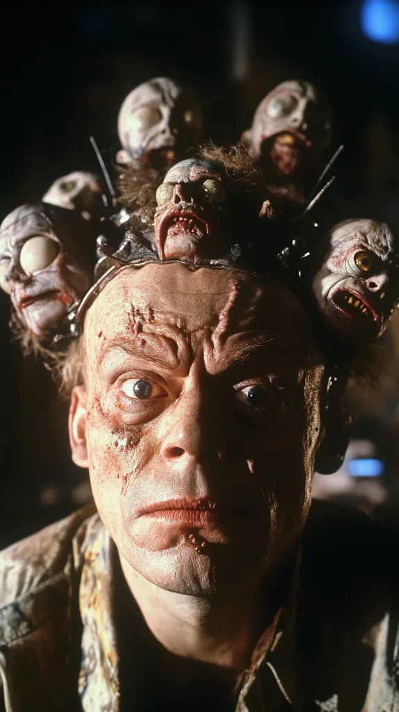 A man with a scarred face is shown with multiple grotesque faces attached to his head by metal rods. The faces are all distorted and appear to be made of latex or some other material. The man has a serious expression on his face. The image is dark and ominous.