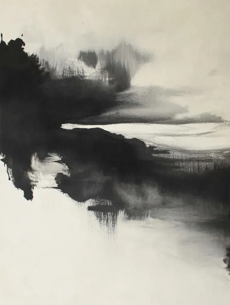The abstract painting is dominated by black and white, creating a striking contrast.  The black appears like a dark, stormy sky or a looming mountain range, while the white represents the open air or a vast expanse of water. The blurry strokes suggest a sense of movement, like wind or waves. Overall, the artwork evokes a feeling of mystery and depth, leaving the viewer to interpret its meaning.