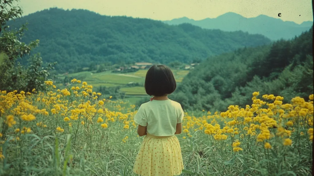 A young girl with short black hair stands in a field of yellow wildflowers.  She is wearing a light green shirt and a yellow and white polka dot skirt.  She is looking towards the distant hills covered in green trees.  The sky is a pale blue.