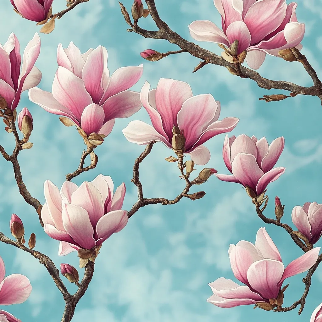 The image shows a close-up of a magnolia tree branch with several pink blossoms in full bloom. The flowers are delicate and have a soft, pastel color. The background is a light blue sky with clouds, giving the impression of a sunny spring day. The image evokes a sense of beauty and serenity.