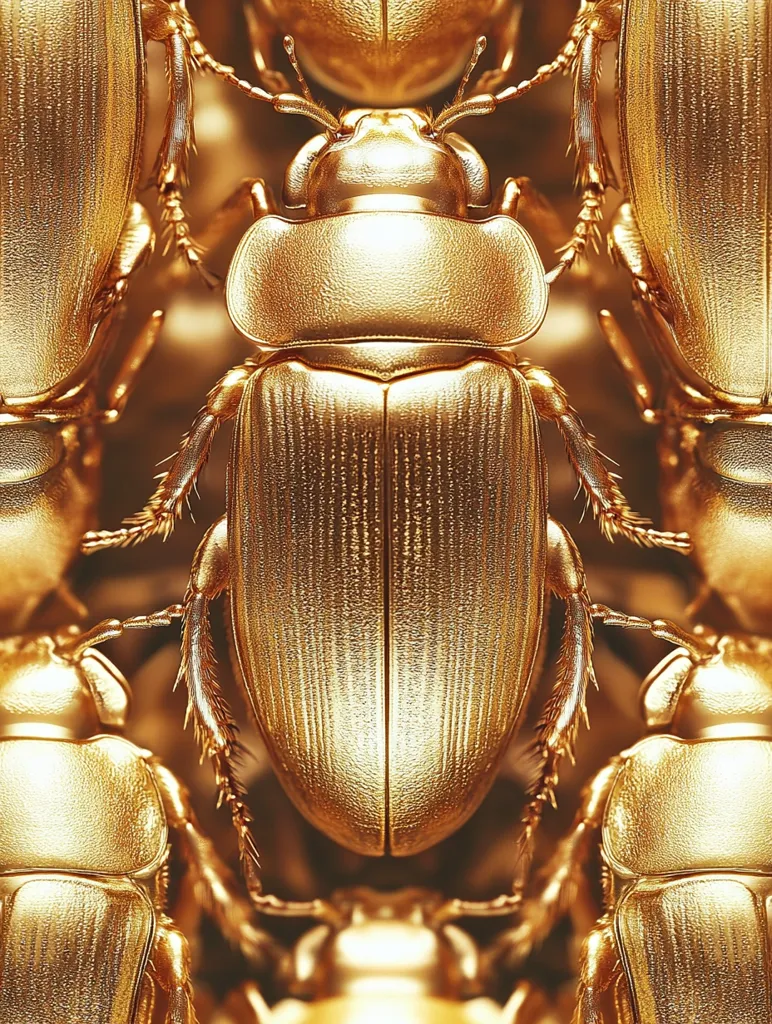 The image is a close-up of a group of golden beetles. The central beetle is the most prominent, its body shiny and detailed, surrounded by the partially visible bodies of other beetles. The intricate texture of their exoskeletons, reminiscent of polished metal, creates a striking contrast with the soft, blurry background. The image focuses on the beauty of the beetles' metallic sheen and their intricate details.