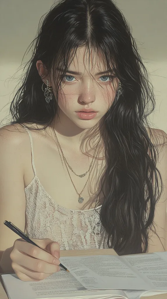 A young woman with long black hair and light blue eyes sits at a table with a book and a pen in her hand. She is wearing a white lace tank top and a necklace. Her hair is slightly wet, and she has a contemplative expression on her face. The image has a soft, ethereal quality, with a focus on the woman's delicate features.