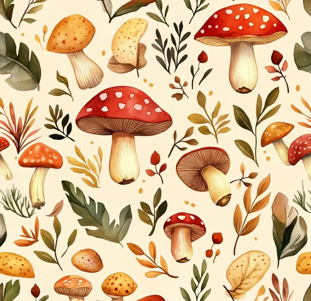 The image is a seamless pattern featuring a variety of mushrooms and autumn foliage. There are red-capped mushrooms with white spots, yellow mushrooms with brown caps, and brown mushrooms with white spots. The foliage includes leaves in shades of green, brown, and yellow. The background is a soft cream color. The overall effect is whimsical and charming.