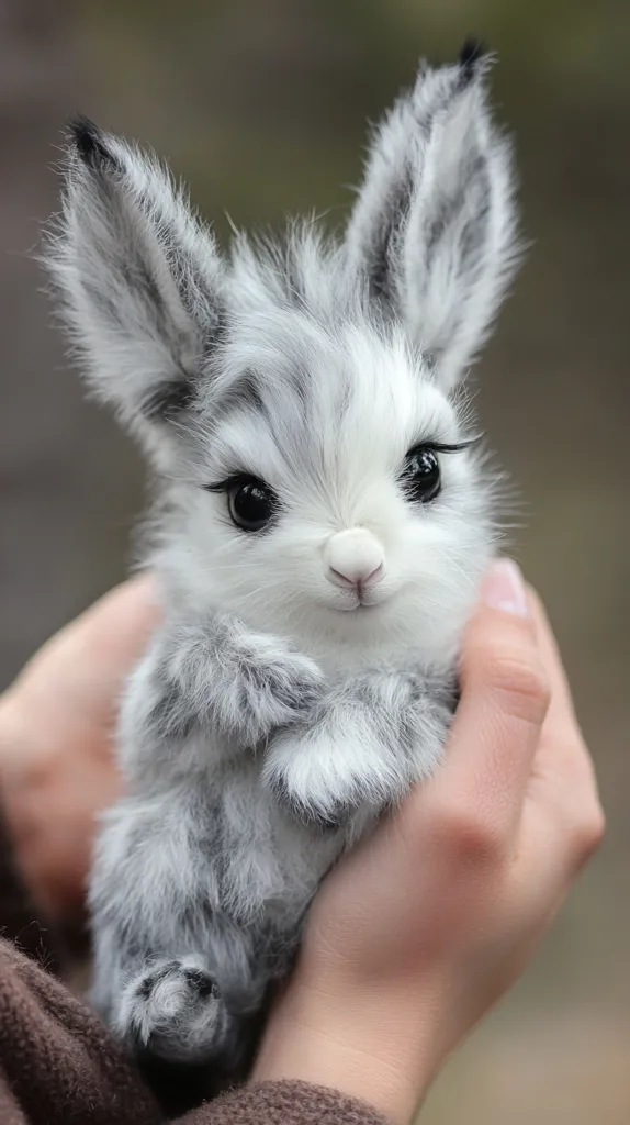 A small, fluffy bunny with large, dark eyes is being held in the hands of a person. The bunny is gray and white and has long, floppy ears. Its fur is very soft and appears to be velvety. The bunny is looking directly at the camera with a sweet, innocent expression. The person's hands are gently cradling the bunny, and the overall tone of the image is one of tenderness and love.