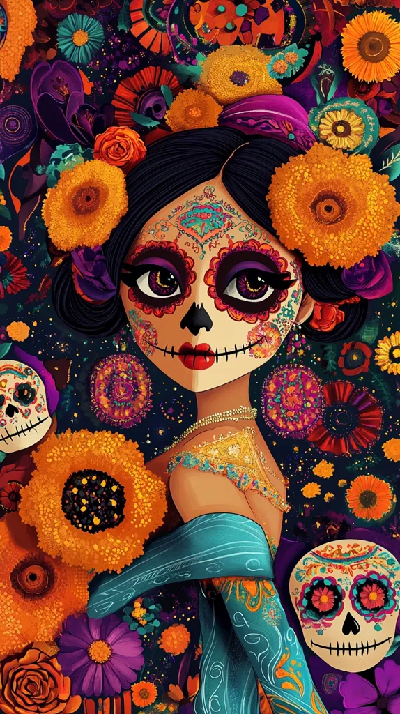 A woman with Day of the Dead makeup, large eyes, and a skull design on her face,  wears a blue and yellow dress with ornate embroidery. Her hair is long and black, decorated with flowers. She is surrounded by vibrant orange and purple flowers and two sugar skulls. The image is richly colorful and detailed.
