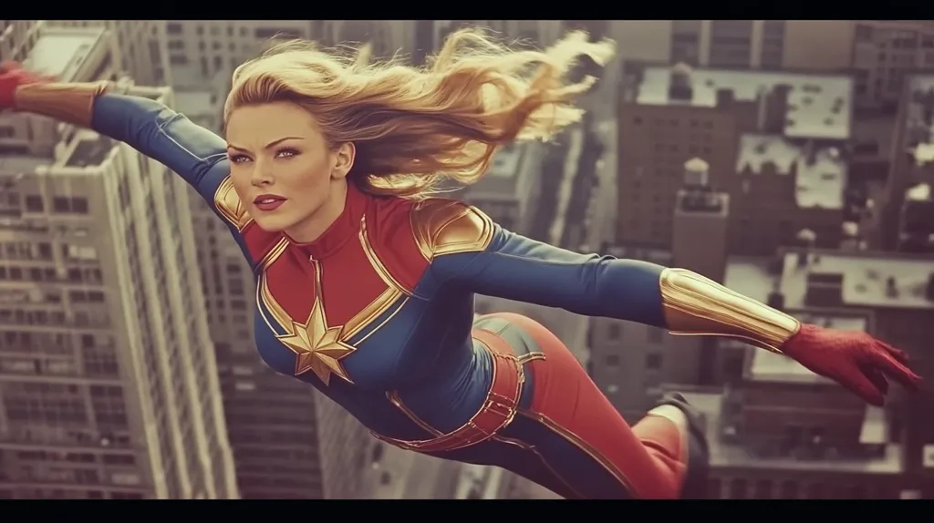 The image shows a woman dressed as Captain Marvel, flying over a city skyline. Her blonde hair is flowing behind her, and her expression is determined. She is wearing the iconic red, blue, and gold costume with a star emblem. The cityscape behind her is blurry, suggesting speed and motion. The overall mood is one of power and confidence.
