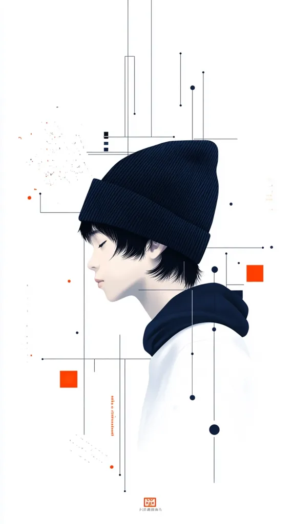 The image is a minimalist portrait of a young person wearing a black beanie and a white shirt. The background is a white canvas with abstract geometric shapes and patterns in black and orange. The person's expression is calm and contemplative, their eyes closed. The image evokes a sense of simplicity, introspection, and a connection to a digital world.