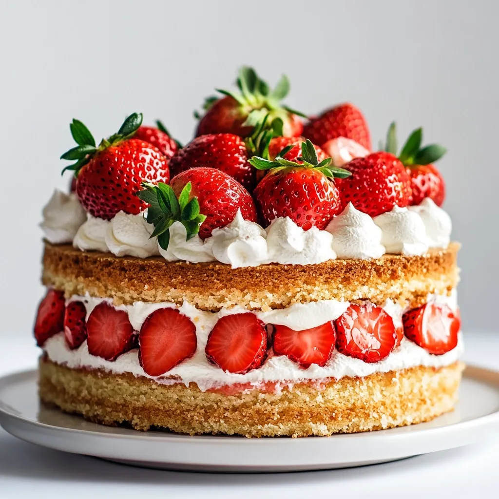 A delicious strawberry cake sits on a white plate, its layers of fluffy white cream and sweet sponge cake are adorned with fresh strawberries. The cake is a symphony of textures and flavors, a perfect treat for any occasion. The glistening strawberries are juicy and plump, adding a burst of freshness to the rich and decadent dessert.