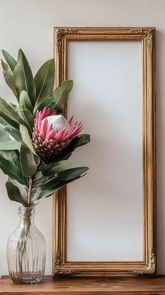 A large, ornate, gold-framed picture hangs on a white wall. In the foreground, a large, pink protea flower sits in a clear glass vase. The vase has a ribbed texture and sits on a dark wood table. The protea is in full bloom, with its large, showy bracts open wide. The flower is surrounded by green leaves. The photo captures the simple elegance of a single flower in a natural setting.