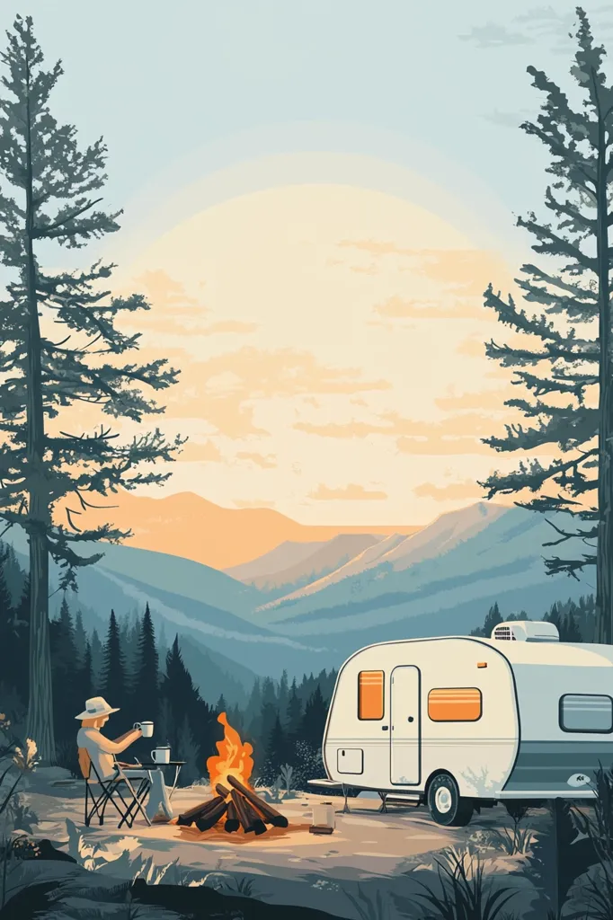 A woman sits by a campfire in the woods, enjoying a cup of coffee. Her campervan is parked nearby. The scene is set against a backdrop of rolling hills and a beautiful sunset. The image depicts a sense of peace and tranquility, perfect for escaping the hustle and bustle of everyday life.