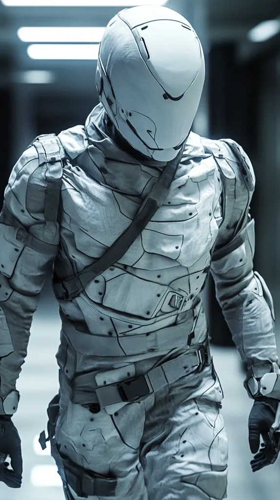 A futuristic soldier, clad in a white armored suit and helmet, stands in a stark, metallic corridor. The soldier's helmet has a sleek, modern design with a visor that covers their face. The suit is adorned with numerous compartments and straps, suggesting advanced technology and functionality. The soldier's pose and expression are stoic, conveying a sense of preparedness and focus. The overall image evokes a sense of science fiction and military might.