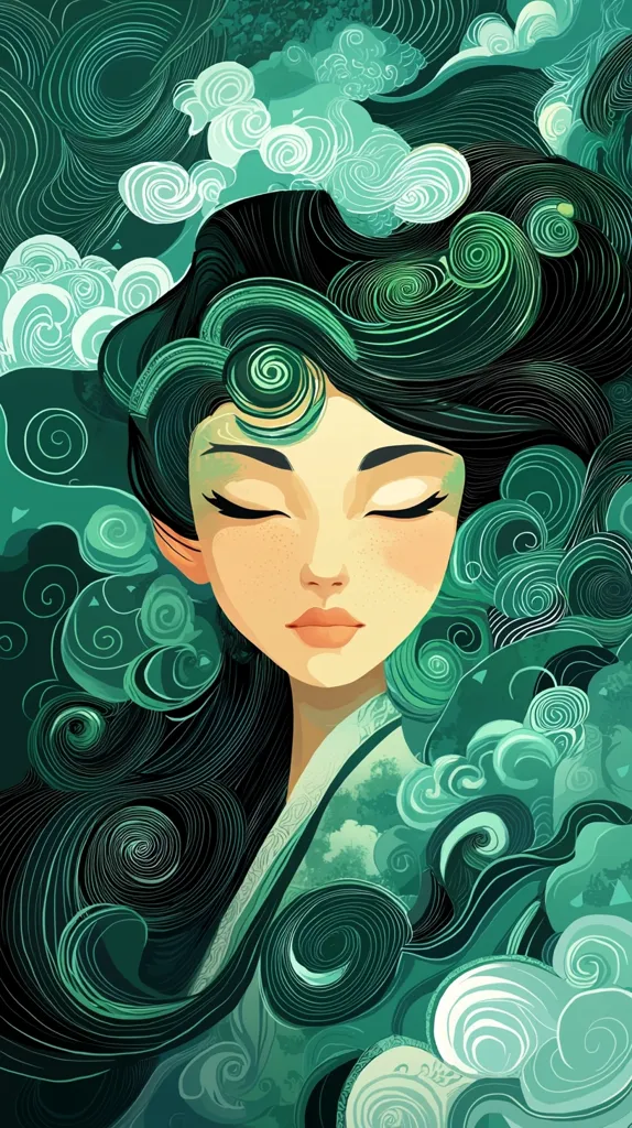 The image depicts a woman with long black hair, her eyes closed and her face serene. She is surrounded by swirling, green clouds and patterns, creating a sense of dreamlike tranquility. The use of swirling shapes and soft colors evokes a feeling of calmness and peace.  The woman's delicate features and the ethereal background create a sense of otherworldliness and mystery.