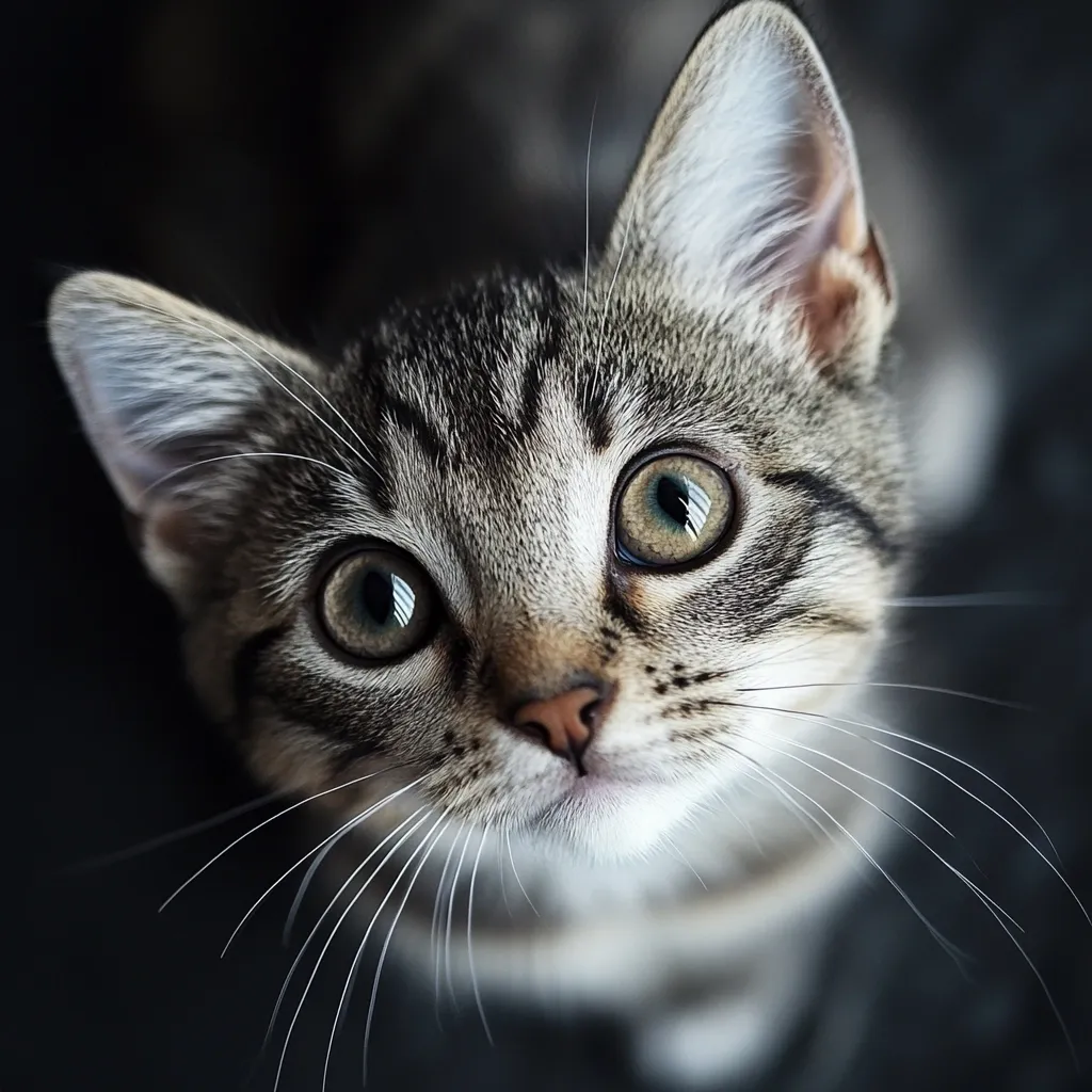 A close-up of a grey tabby kitten with large, green eyes. The kitten is looking directly at the camera with a curious expression, its whiskers twitching slightly. Its fur is soft and fluffy, and its nose is pink. The background is blurred, focusing all attention on the kitten's adorable face.  The image captures the innocence and charm of a young cat.