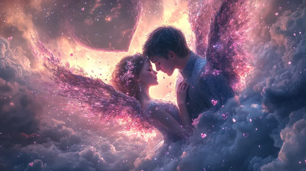 A couple stands amidst a cloud of pink, sparkling particles, embracing in a romantic moment.  The background is a dreamy expanse of fluffy clouds and a glowing sunset, with small pink hearts floating in the air, symbolizing love and affection. The image portrays a sense of celestial beauty and a magical, enchanting love story.