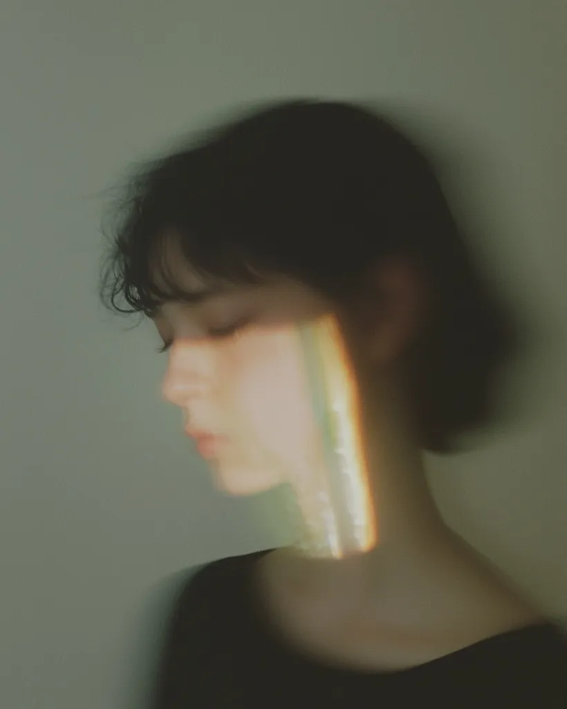 A woman with short, dark hair is standing in front of a plain background. She is wearing a black shirt and a soft, ethereal light illuminates her face. Her eyes are closed and her expression is serene, creating a sense of tranquility and mystery. The blurred edges of the image add to the dreamlike quality of the scene.