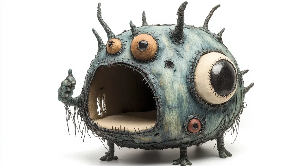 A grotesque, blue, bulbous creature with a gaping maw, multiple eyes, and spiky appendages. It is made of fabric, yarn, and wire, and has a stitched-together appearance. One arm is raised in a thumbs-up gesture, suggesting a playful or friendly demeanor despite its bizarre appearance.  The creature stands on spindly legs and is set against a white background.