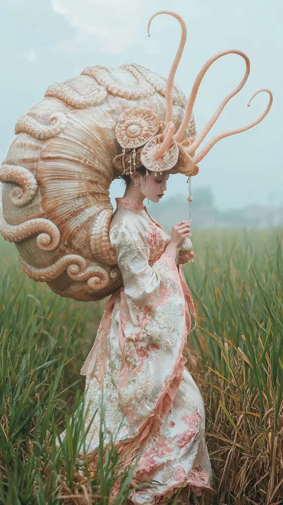 A woman in a pink and white dress stands in a field of tall grass. Her head is adorned with an elaborate, ornate headpiece that resembles a large seashell with delicate, intricate details. The shell is perched on her head, with long, spiraled tendrils reaching up and out behind her. She holds a small object in her hand and appears to be gazing down at it with a contemplative expression. The soft lighting and dreamy aesthetic create a whimsical and ethereal atmosphere.
