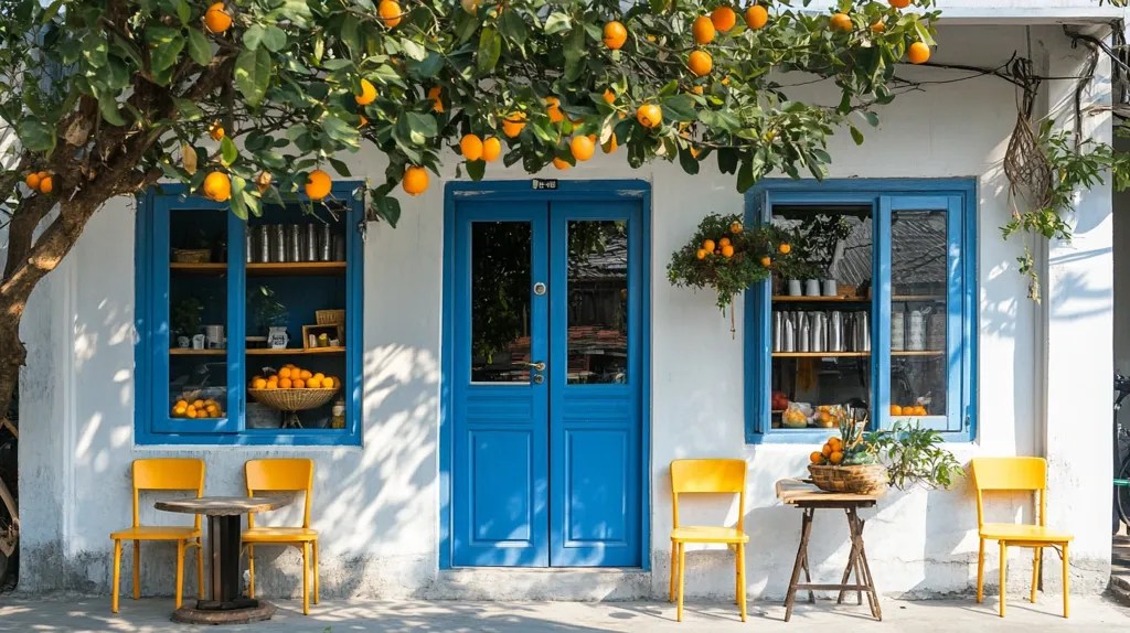 A white building with blue doors and windows is decorated with a citrus tree. The tree casts shadows on the white walls. Two yellow chairs sit at a small table in front of the building, and a basket of oranges rests on the table. There is a small storefront to the right with shelves filled with goods and a basket of fruit in front.