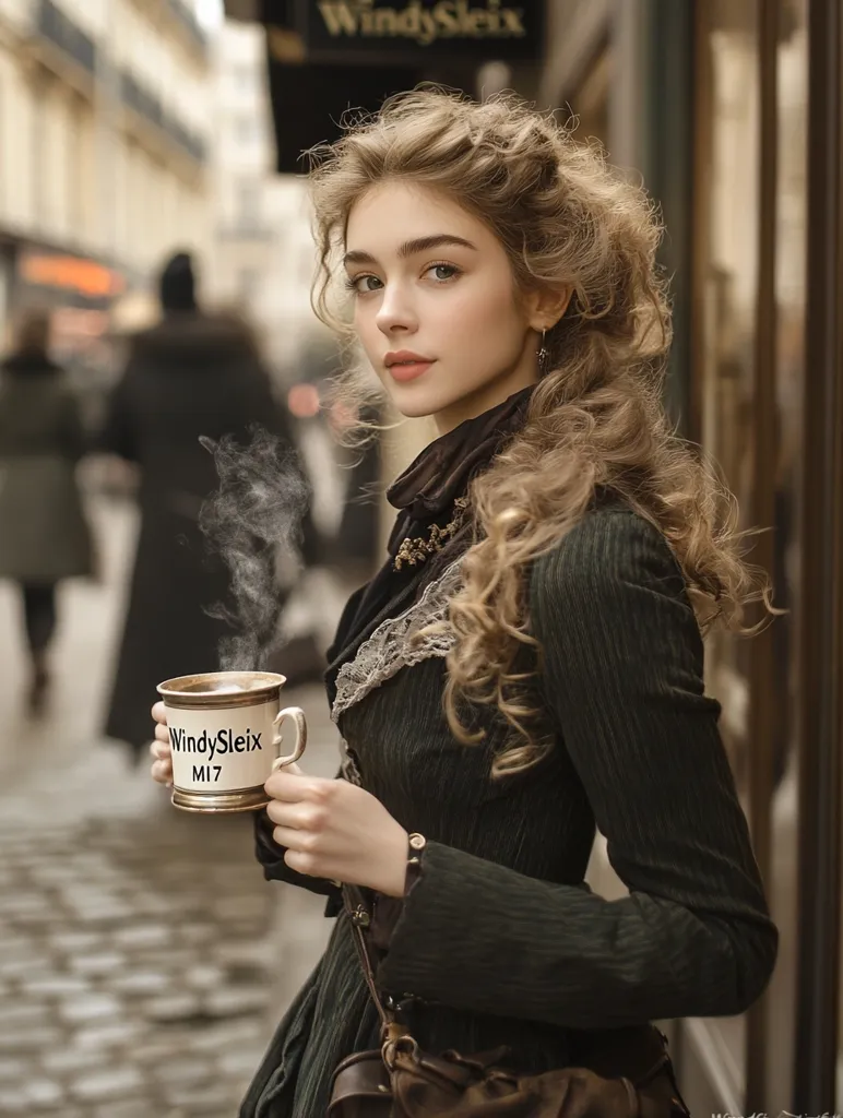 A young woman with long, flowing blonde hair is standing on a cobblestone street. She is wearing a dark green jacket with a lace trim and holding a steaming mug with a logo that reads "WindySleix M17." The woman looks directly at the camera with a serious expression. The background is out of focus, but a building with a sign that reads "WindySleix" is visible. The overall scene is reminiscent of a classic European setting.