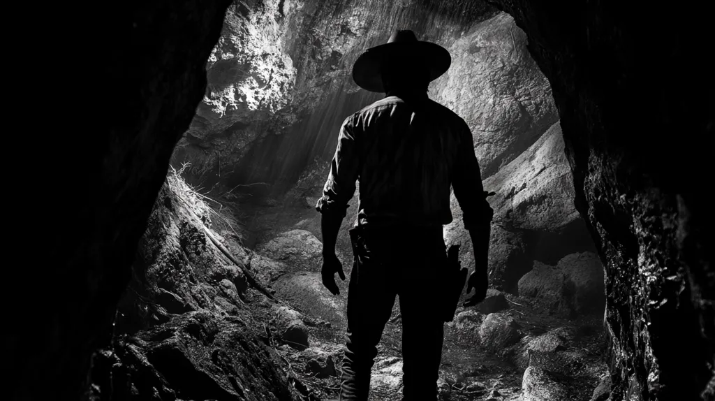 A lone figure, clad in a wide-brimmed hat and dark attire, stands silhouetted against a rocky, cavernous backdrop. The image is shot in black and white, emphasizing the stark contrast between the man and his surroundings. Light streams in from behind him, creating a halo effect around his head. The composition focuses on the figure's isolation, his back turned towards the viewer, leaving his thoughts and intentions shrouded in mystery.