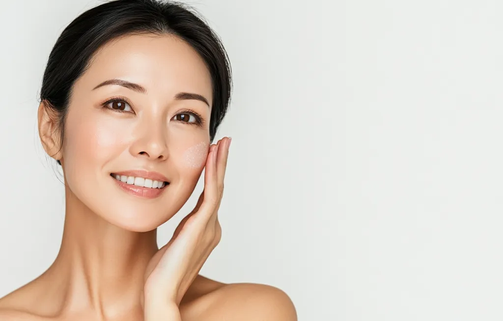 A young woman with long black hair is smiling, with her hand on her cheek. She appears to be applying moisturizer or makeup. The background is a plain white, giving the focus to her skin. She has a healthy glow and flawless complexion, emphasizing the beauty and care of her skin.