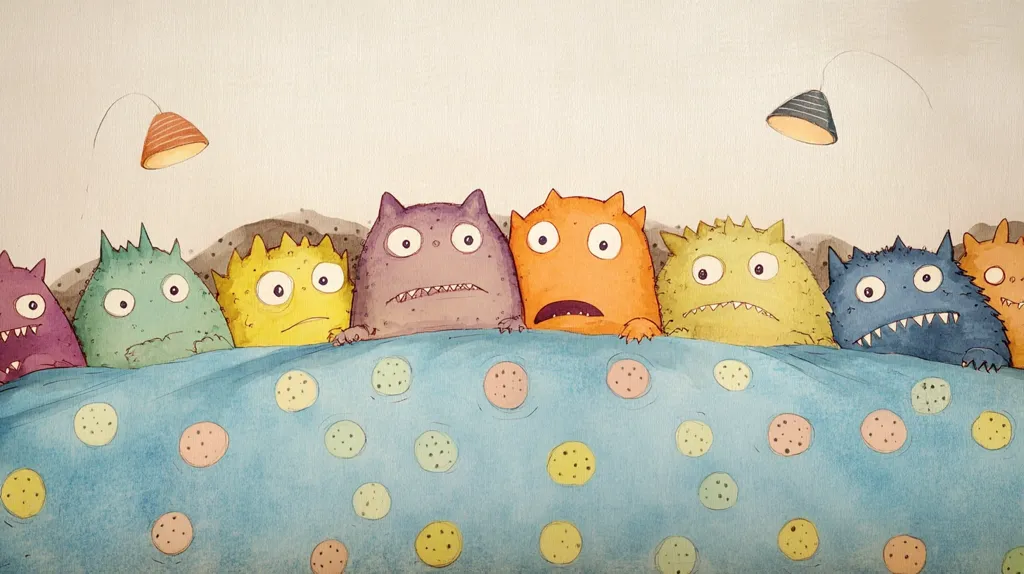 Seven cartoon monsters are peeking out from under a blue blanket with polka dots.  The monsters are all different colors and have large eyes. They are looking worried and scared. There are two light fixtures hanging from the ceiling. One is on and the other is off. The illustration is done in a watercolor style and evokes a whimsical and humorous feeling.