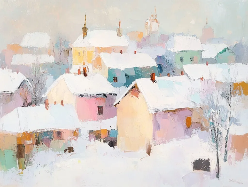 The painting depicts a snow-covered village, with charming houses in shades of pastel pink, yellow, and blue. The houses are clustered together, their roofs covered in a thick layer of white snow. The scene is bathed in a soft, hazy light, suggesting a winter day. Trees stand tall in the background, their branches laden with snow. The painting evokes a sense of peace and tranquility, a quiet moment in a charming winter wonderland.