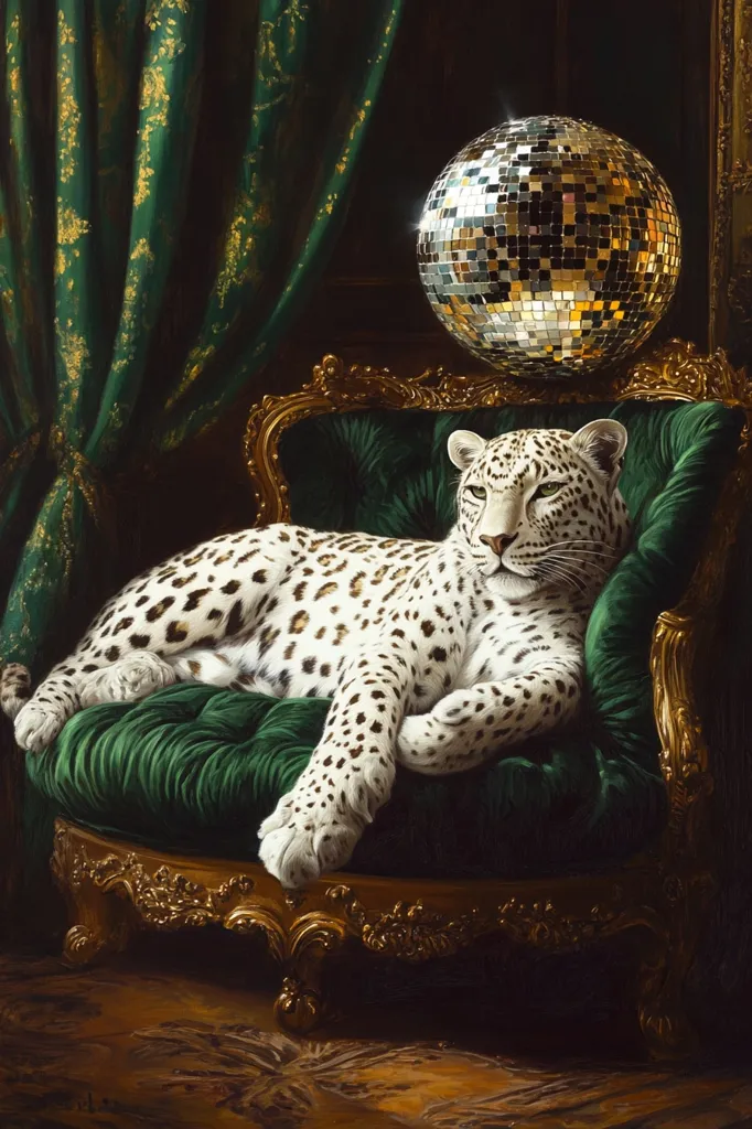 A white leopard with black spots lays in a luxurious, gold-trimmed, emerald green velvet chair. A large silver disco ball hangs above the chair, casting a faint, shimmering light. The leopard's eyes are closed and its expression is serene. The background is dark and mysterious, hinting at a glamorous, nightlife setting.  The image exudes a sense of opulence and sophistication.
