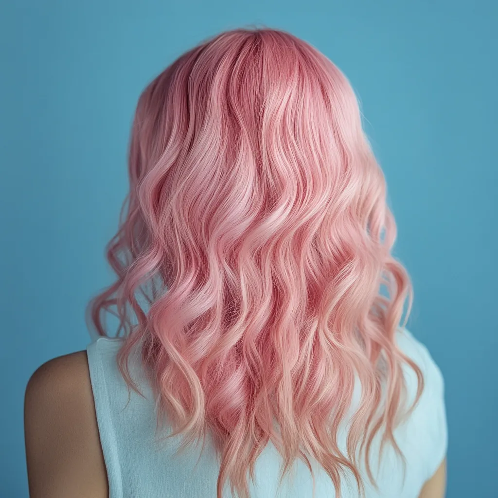 The back of a person's head with long, pink, wavy hair. The hair is styled in a way that makes it look soft and fluffy. The person is wearing a white shirt.  The background is a light blue color.