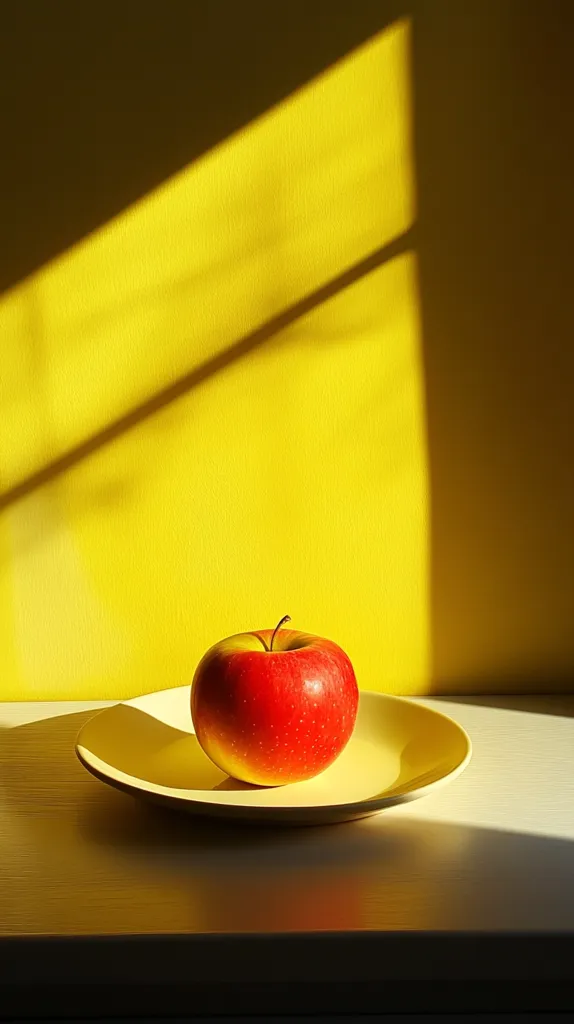 A red apple sits on a yellow plate against a bright yellow wall, the sun casts long shadows across the wall and the table. The apple is perfectly centered on the plate, making it the focal point of the image. The simple composition and bright colors create a sense of peace and serenity.