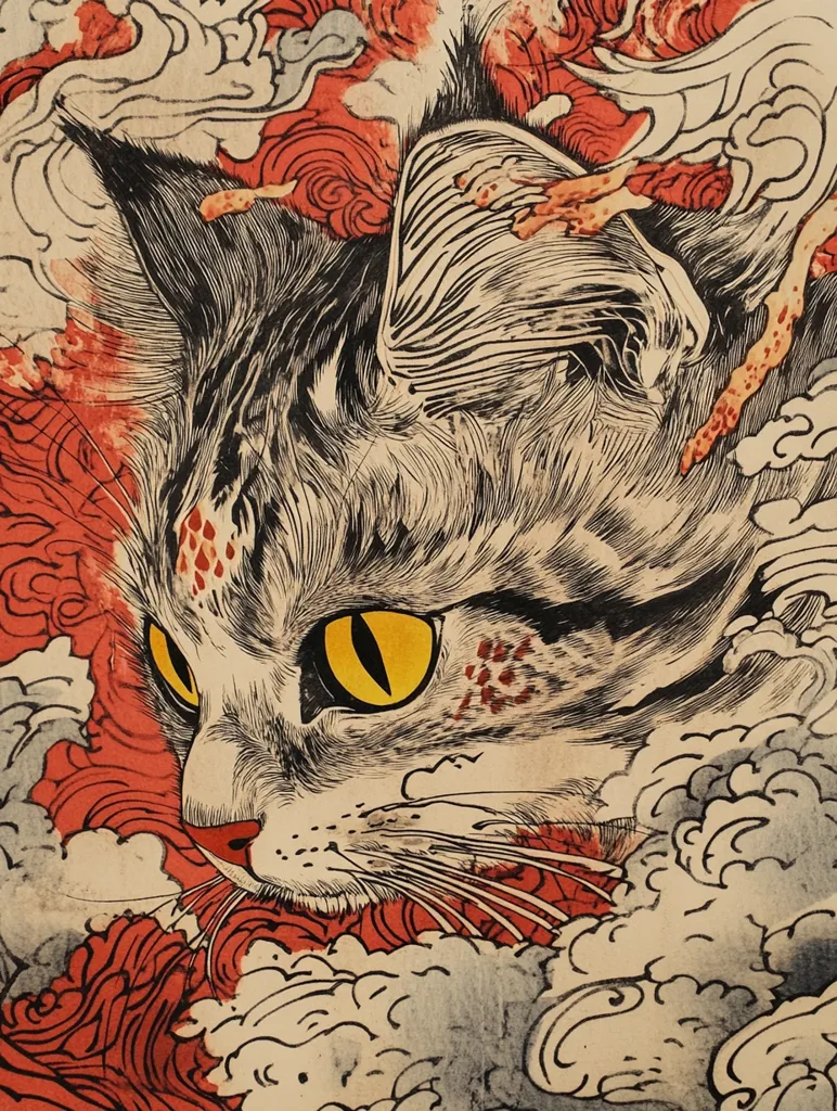 A close-up of a cat's face, rendered in a Japanese woodblock style. The cat has large, bright yellow eyes and a focused expression.  The background is a swirl of red and grey clouds, creating a dynamic and almost dreamlike effect. The lines are bold and detailed, capturing the texture of the cat's fur and the movement of the clouds.  This artwork is likely inspired by traditional Japanese art, with a focus on the beauty and power of nature.
