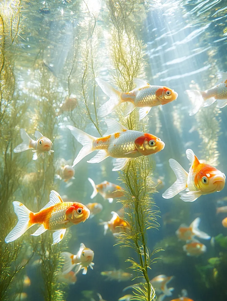 A school of goldfish swim through a serene underwater scene. Sunlight streams through the water, illuminating the fish and casting long shadows on the lush green algae. The goldfish are a mix of white, orange, and yellow, creating a vibrant contrast against the peaceful backdrop. Some fish are swimming towards the surface, while others gracefully glide through the water, their fins shimmering in the light. The image evokes a sense of tranquility and beauty found in the underwater world.