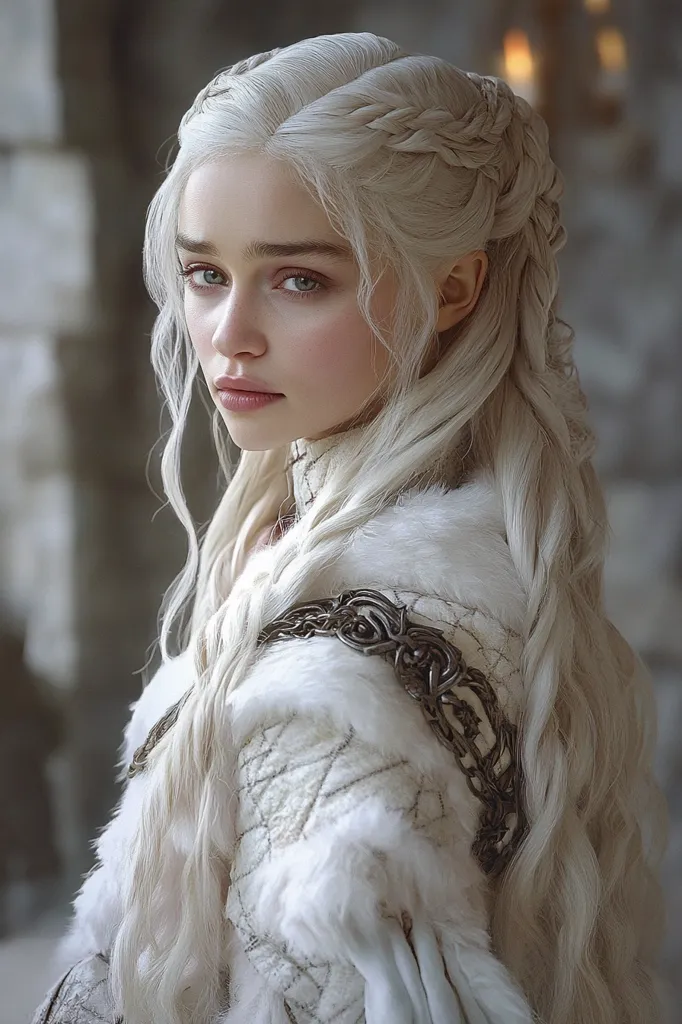A young woman with long, flowing white hair, styled in intricate braids, gazes intently at the viewer. She wears a white, fur-trimmed garment adorned with a silver chain.  Her light skin and pale blue eyes suggest a delicate and ethereal beauty.  The soft focus and warm lighting create an otherworldly, almost fairytale-like atmosphere.
