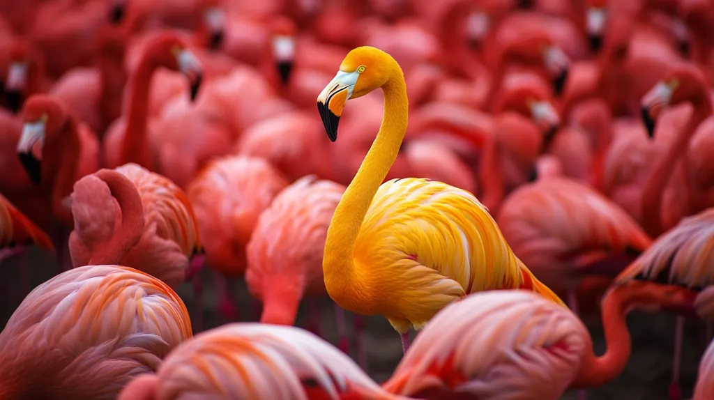 A single yellow flamingo stands out in a crowd of pink flamingos. The yellow flamingo's vibrant color contrasts sharply with the muted pink of the others. Its feathers are smooth and glossy, reflecting the sunlight. The background is a blur of pink feathers, creating a sense of depth and movement. The image highlights the unique beauty of the yellow flamingo, making it stand out from the crowd.