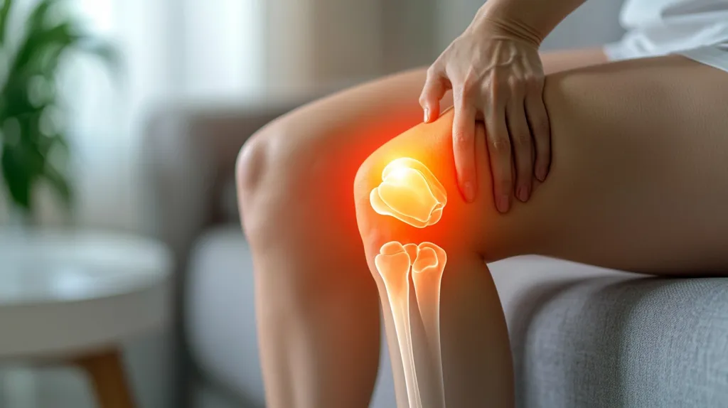 The image shows a person sitting on a couch, holding their knee with their hand. The knee is highlighted with an overlay of the bones, indicating pain or injury. The image conveys a sense of discomfort and potential medical concern.