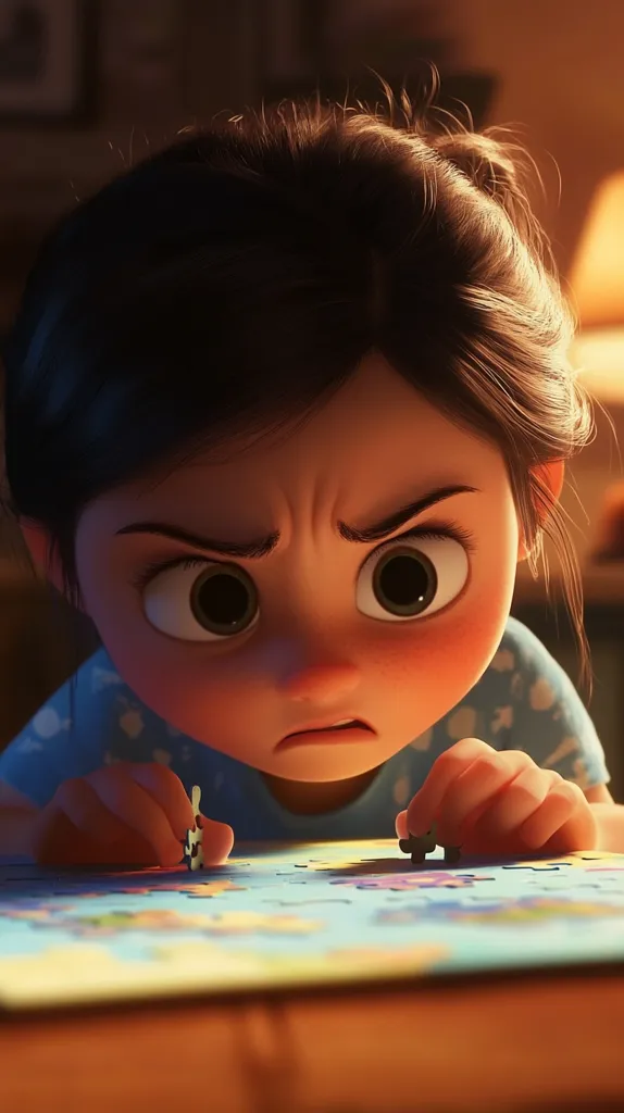 A young girl with brown hair is shown with an exasperated look on her face. She is wearing a blue shirt and is working on a large jigsaw puzzle. She holds a small puzzle piece in her hand, appearing frustrated with the task.  The image is animated and the lighting is soft, highlighting the girl's facial expression. The scene suggests the girl is struggling with the puzzle, her frustration evident.
