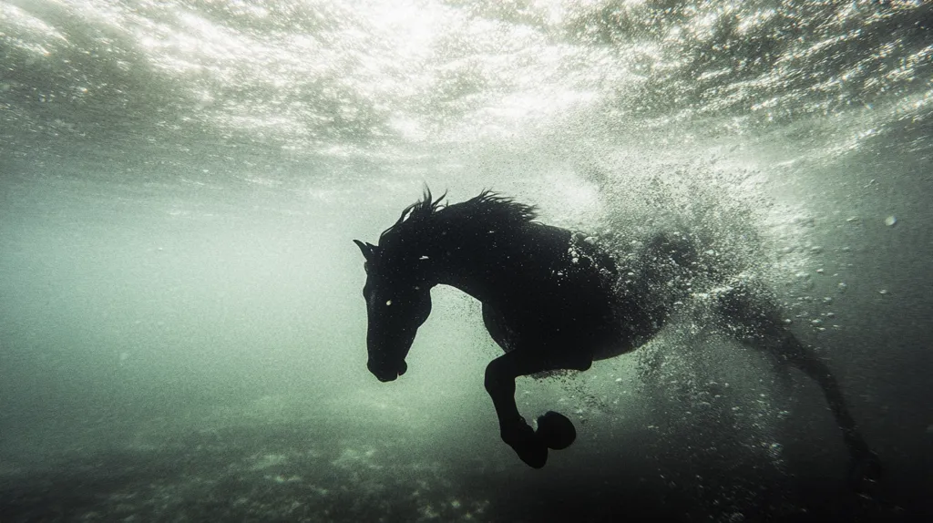 The image captures a black horse swimming underwater. Its silhouette is highlighted against the murky water, with bubbles trailing behind it. The water's surface is visible above, shimmering with sunlight. The horse's powerful movements and the surrounding bubbles create a sense of energy and motion. The overall tone is mysterious and captivating, suggesting a magical or surreal experience.