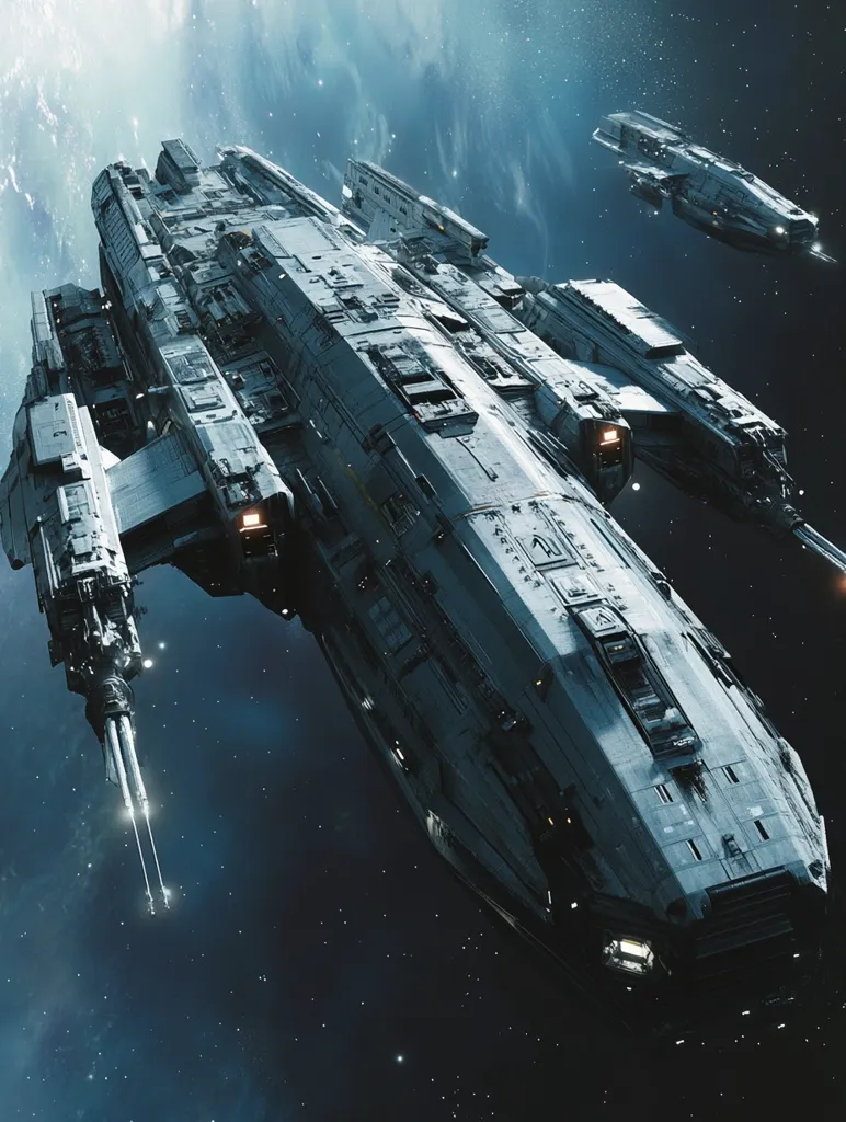 The image depicts a futuristic, grey spaceship with a long, cylindrical hull and a large, open cockpit at the front. It has numerous windows and a complex array of antennas and weapons. The ship appears to be flying through space, with a smaller, sleek spaceship in the background. The scene is set against a starry backdrop, with a faint nebula in the distance. The image suggests a sense of awe and wonder, and a futuristic world of interstellar travel.
