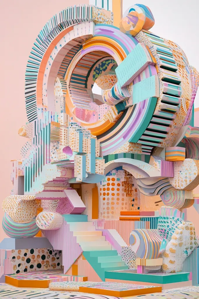 An abstract, 3D structure composed of colorful, geometric shapes.  The structure is mostly pastel colors, with hints of orange, yellow, and brown.  The structure resembles an intricate machine or a whimsical, futuristic building.  The image is playful and imaginative.  There are many different patterns and textures throughout the piece.