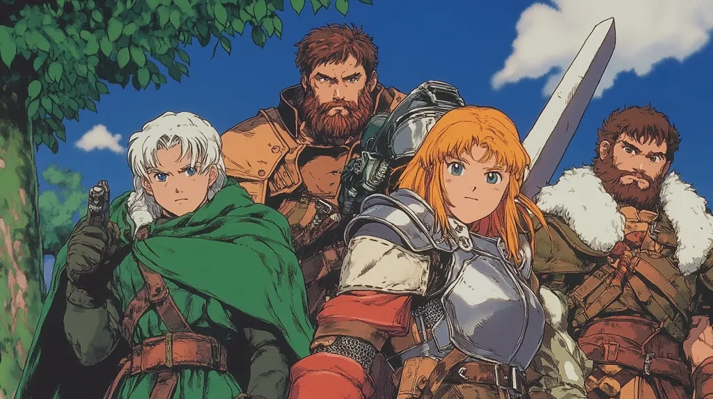 Four characters from a fantasy anime stand in front of a blue sky with fluffy white clouds. Two of them are male and two are female. On the left, a young woman with white hair, a green cloak and a gun is looking to the right. Next to her, a bearded man with a brown jacket and a large sword is looking ahead. To the right, a woman with blonde hair and a silver breastplate holds a giant sword, looking straight ahead. Finally, on the far right, a bearded man with a fur-lined jacket and a sword is looking to the left. The overall image is dynamic and features a strong sense of action.