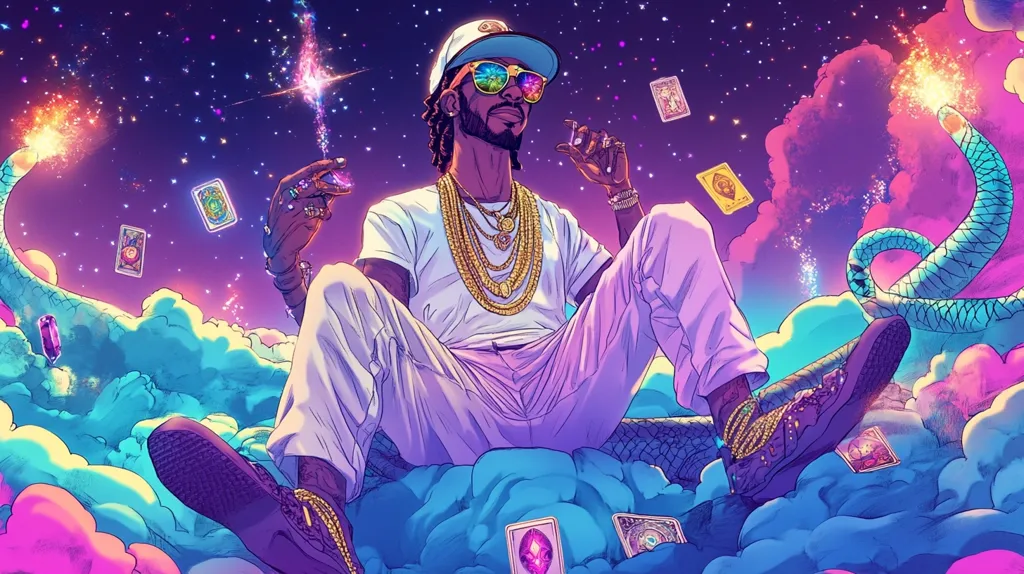 A man in a white shirt and sunglasses sits on a cloud in a psychedelic dreamscape. He is surrounded by sparkling lights, floating cards, and a serpentine creature. The scene is vibrant and surreal, suggesting a state of altered consciousness. The man's confident posture and multiple gold chains convey a sense of wealth and power. The image is a visually captivating blend of fantasy and reality.