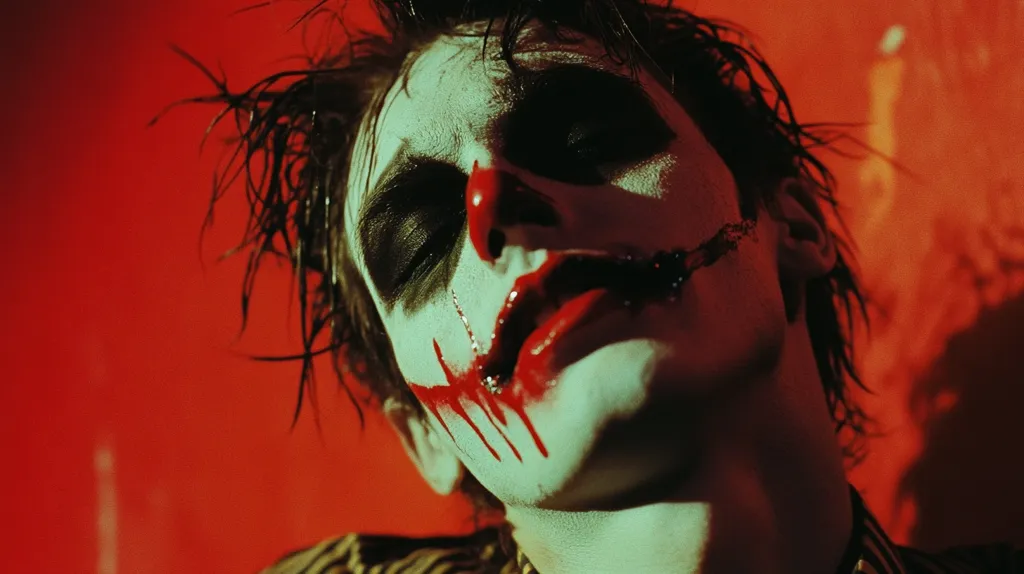 A close-up shot of a person with dark hair and dark makeup, with a red and green color scheme, looks like a creepy clown or a horror character.  They have red lipstick and dark eyeliner. There is a streak of blood running down their cheek. The image is dark and eerie, with a red background.  The person's expression is eerie and unsettling, suggesting something sinister is going on.