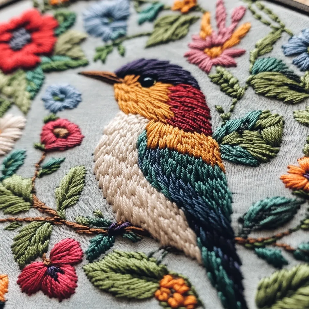 A detailed embroidery of a colorful bird perched on a branch amidst a vibrant floral tapestry. The bird's plumage is meticulously rendered in shades of blue, green, orange, and red, while the surrounding flowers bloom in hues of pink, yellow, and red. The intricate stitches create a visually captivating and textured artwork.
